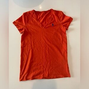 Ralph Lauren Orange V-Neck T-Shirt with Navy Polo Horse Logo Women’s XS/S